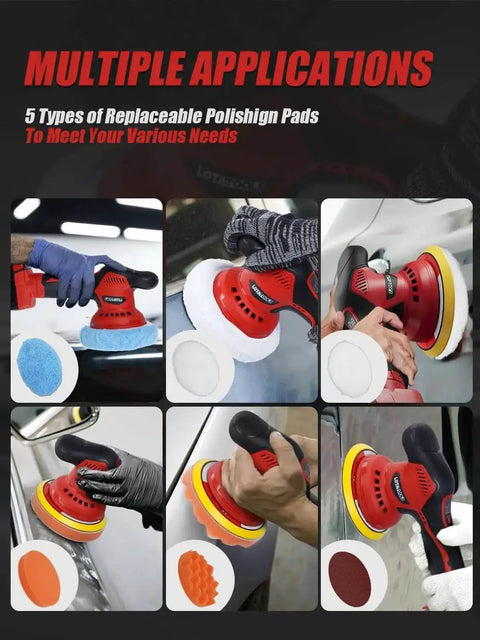 Cordless Car Polisher And Orbital Buffer For Detailing With Six Variable Speeds Up To 5500 RPM displayed with different pads