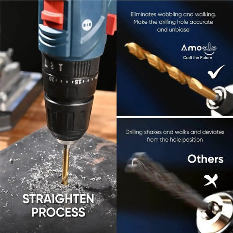 Close-up of Titanium HSS Twist Drill Bit Set with 1/8 Inch Hex Shank in drill during use, showing drilling precision.