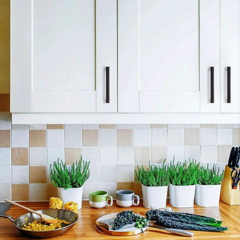 Kitchen cabinets with 30 Pack Solid 3-1/2 Inch Square Cabinet Handles in Oil Rubbed Bronze installed