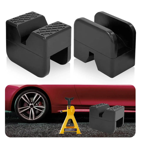 Universal Rubber Jack Pad Adapters For Rail Pinch Welds Anti Slip 2 Pack with a close-up of black rubber pads and a car jack