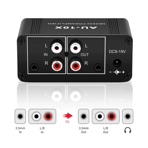 Back view of Mini Stereo Audio Preamplifier And Headphone Amplifier With 20dB Gain For Weak Signal Boost showing RCA and 3.5mm ports