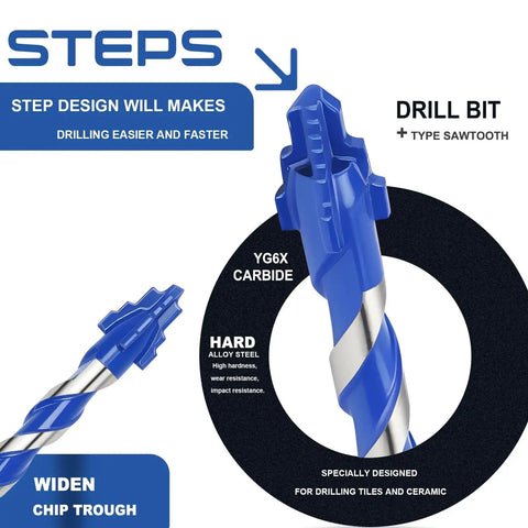 Close-up of Five Pack One Eighth Inch Masonry Tile Drill Bits With Hex Shank Step Style for tile concrete porcelain projects