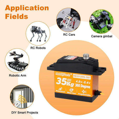 Front view of HobbyPark 35kg continuous-rotation servo with orange label and black housing.