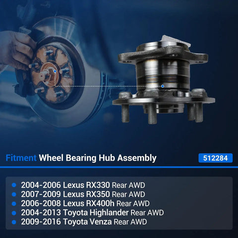 Rear Wheel Bearing And Hub Assembly For AWD Only Compatible With Toyota Highlander 2004 2013 Venza 2009 2016 Lexus RX330 04 06 RX350 07 09 RX400h 2006 2008 Rear Axle 5 Lug Replacement displayed with fitment years
