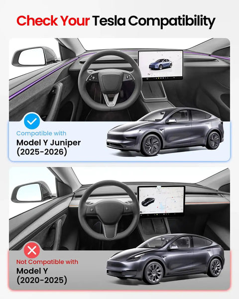 Comparison of Tesla interiors showing compatibility with Model Y Juniper (2025-2026) and not with Model Y (2020-2025)