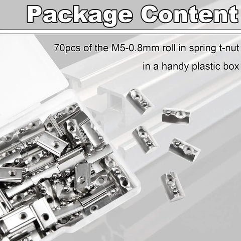 M5 Spring Loaded T Nut 70 pcs M5x0.8mm Half Round Roll In T Nuts Carbon Steel Nickel Plated for 20x20 Aluminum Extrusions in box