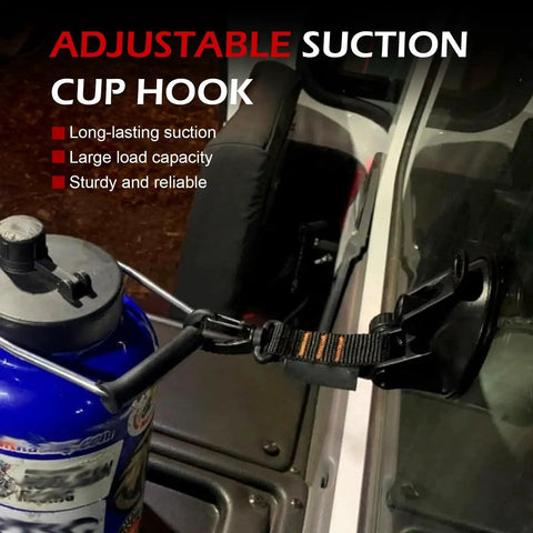 2 Pack Heavy Duty Car Suction Cup Hooks With Strong Anchor And Hook mounted on car window, holding blue container
