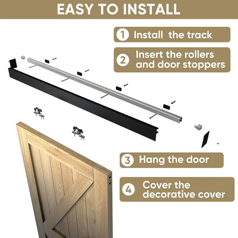 Installation steps of 5 Foot Sliding Barn Door Hardware Track Kit Aluminum Alloy Box Rail System For Classic Modern Interior Single Wooden Door Low Clearance Black Includes Rail Decorative Cover Shim Boards And Rollers shown with components.