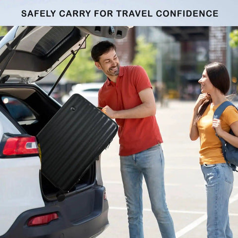 Man loading 12 Bottle Wine Travel Case For Airplanes With 360 Degree Foam Inserts And Removable Shelves into car trunk