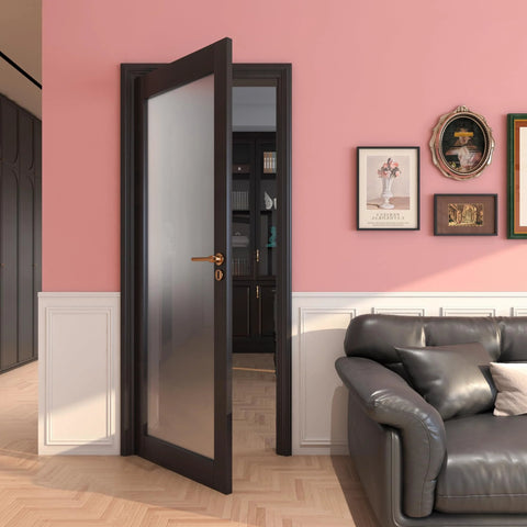 32 By 80 Inch Frosted Glass Slab Door With Sleek 1 Lite Glass, French Interior Style, installed in a living room with pink walls.