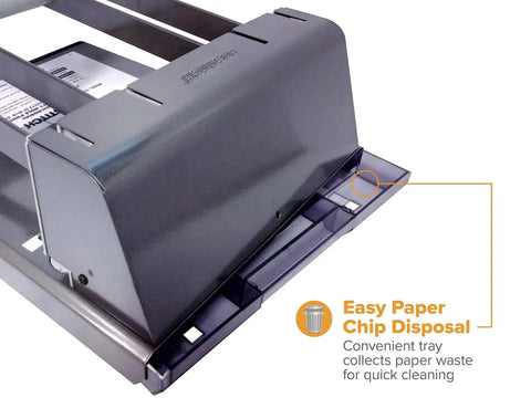 Extreme Duty Two To Three Hole Punch with High Leverage Handle, showing easy paper chip disposal tray feature for 160 sheet capacity.