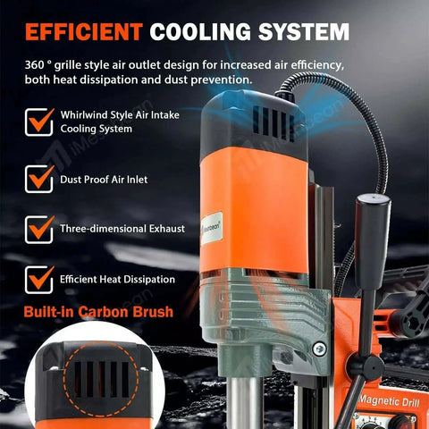 Efficient cooling system of Workhorse 1400W Magnetic Drill Press with 2 Inch Capacity and 810 RPM Stepless Speed