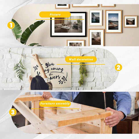 Gallery wall with frames, person hanging wall art, and furniture assembly with premium hardware nails and wood screws kit