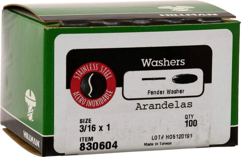 Hillman stainless steel fender washers, 3/16 in x 1 in, pack of 100.