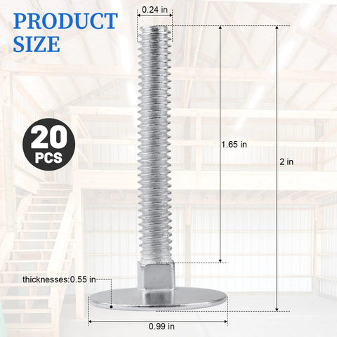 Elevator bolt, 1/4-20 x 2 in, zinc-plated steel with flat sinking head; front view, set of 20.