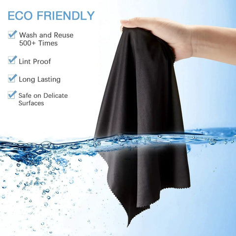 Hand holding black microfiber cleaning cloth in water with eco-friendly features listed, part of Large Microfiber Cleaning Cloths 12X12 12 Pack For Glasses Screens Electronics