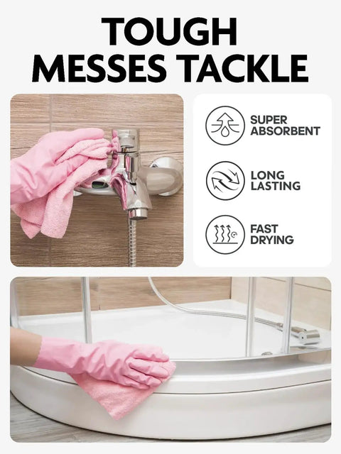 Person using Ultra Absorbent Microfiber Cloth Roll Tear Away Towels 12x12 Pink Grey Reusable on bathroom surfaces