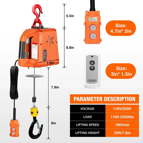 3 In 1 Electric Hoist Winch 2200 Lbs Capacity With Manual, Wired Remote And Wireless Remote Control, dimensions and specs shown