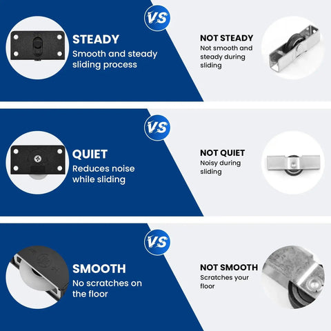 Comparison chart showing benefits of Cabinet Door Sliding Silent Plastic Roller Pulleys Set for smooth, quiet door operation