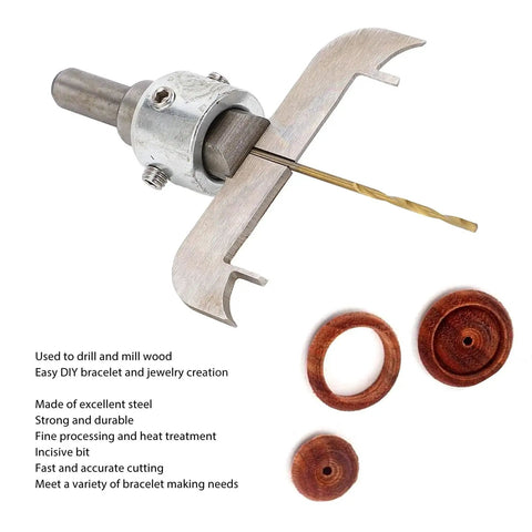 Wood Ring Drill Bit Set For Woodworking And Bracelet Milling HSS Beefed Up Wear Resistant Cutter Kit For Drilling And Milling Wooden Rings And Bracelets Ideal For DIY Projects And Industrial Machining with drill bit and wooden rings visible