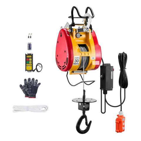 2 In 1 Electric Hoist Winch 1100 Lb Capacity 1800W 98 Ft Lift Remote Control with accessories shown, front view