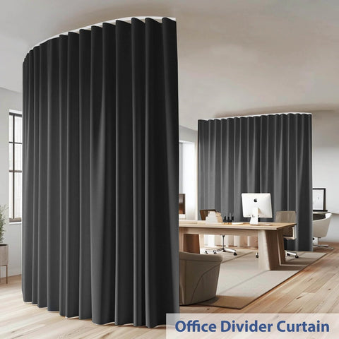 Room Divider Curtain Set With Bendable White Track And Blackout Black Drape Ceiling Mounted Privacy Screen For Bedroom Or Studio Extra Wide 1 Panel Width 8.3 Ft By Height 8 Ft in an office setting