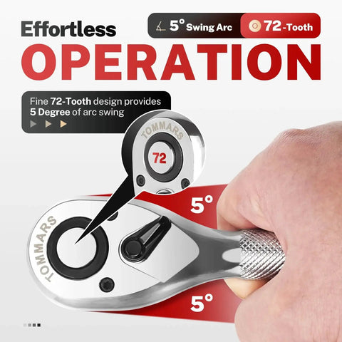 Close-up of 72-tooth stubby ratchet in use, ideal for mechanics, detailing smooth five-degree swing arc and chrome molybdenum core.