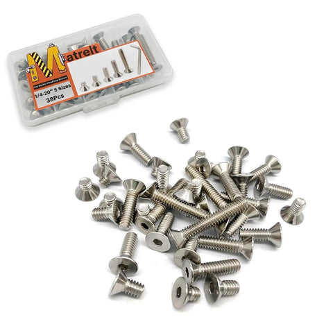 38 Piece Stainless Steel Socket Cap Screws Set With Countersunk Heads 1/4-20 Thread Five Sizes And Allen Keys Includes 3/8 1/2 3/4 1 And 1-1/2 Inch Lengths Corrosion Resistant 304 Stainless Hardware Kit For DIY