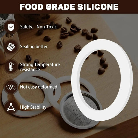 Stovetop Espresso Gasket Seal Ring Set For Aluminum Moka Pots Food Grade Silicone Replacement 6 Cup 8 Pieces shown with coffee beans