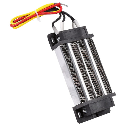 Amazon 12V DC PTC ceramic heater element with black end caps and three finned tubes, red and yellow power wires