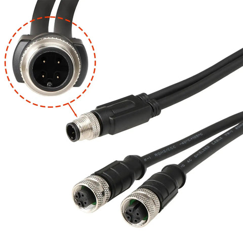 4 Pin A Coded M12 Y Splitter Cable 1 To 2 For Industrial Automation, close-up of male to female connectors, PVC shielded 30cm