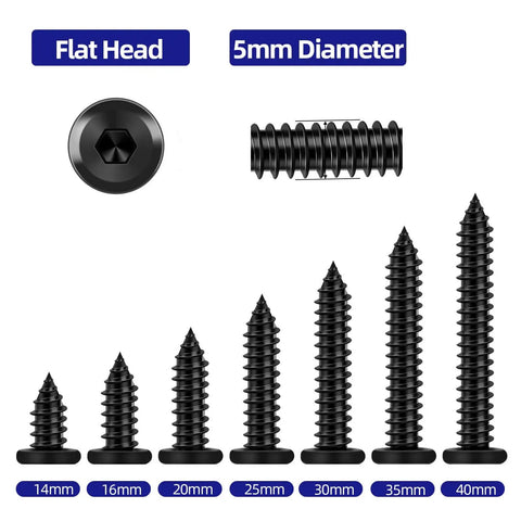 50-Piece M5 X 30mm Black Self-Tapping Screws, 304 Stainless Steel Flat Head Hex Socket Cap Screws With Drive Bit shown in various sizes