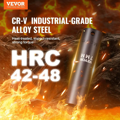 Half Inch Drive Impact Socket Set, 65-Piece SAE And Metric, Cr-V Alloy Steel, shown with HRC 42-48 strength rating in flames.