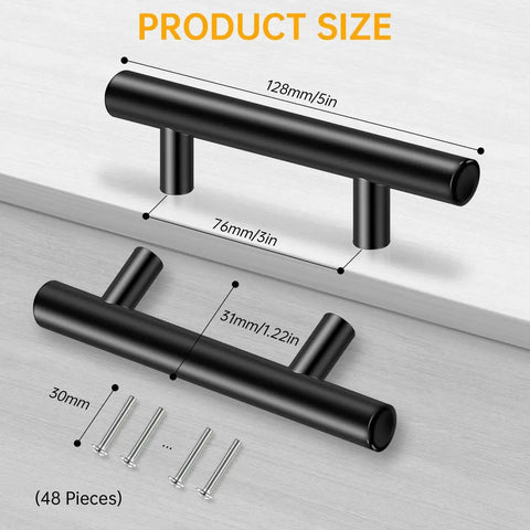 Diagram showing 24 Pack 5 Inch Stainless Steel Cabinet Pulls With Brushed Nickel Finish 3 Inch Center To Center Hole Spacing For Kitchen And Bathroom Cabinets Rust Resistant And Durable, with dimensions.