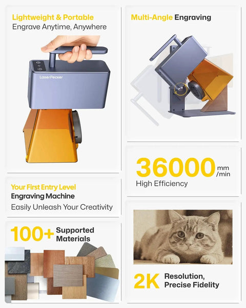 Powerful Portable Laser Engraver With Rotary Roller For Wood Metal Leather And Acrylic Engraving And Cutting Slick Handheld Or Desktop Use With Fast Galvo Tech And Ultra Fine 0.05 mm Detail LP2 Model From LaserPecker.