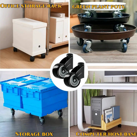 Collage showing various uses of 2 Pcs Gate Caster Wheels Replacement Anti Friction Gate Caster Anti Sag Door Bottom Support Wheels 2 Inch Silent Caster Wheels Replacement For Garden Gates Furniture And Outdoor Use, including office storage, plant pots, storage boxes, and computer host base.