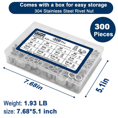 Rivet Nut Kit With 300 Pcs Metric And SAE Rivet Nuts M3 Through M12 And 8-32 Through 1/4-20 In 304 Stainless Flat Head Nutserts Box