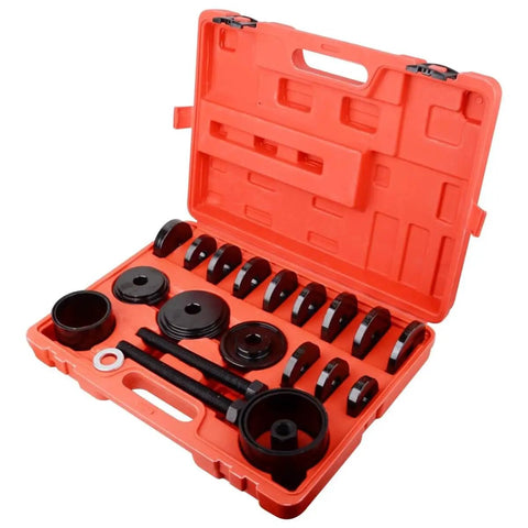 Open case showing 24 Piece Front Wheel Drive Bearing Removal Tool And Press Kit With Pro Grade Adapters And Bearing Installer