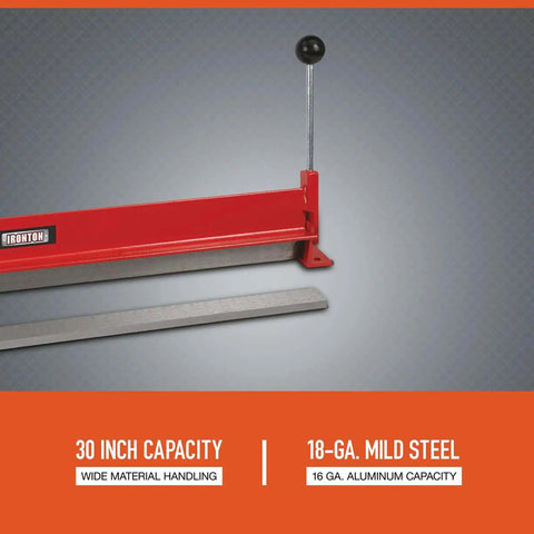 Beefy Portable Sheet Metal Bending Brake 30 Inch Wide Heavy Duty Reinforced Steel Frame with capacity text and metal handle.