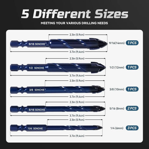 Upgraded Serrated Masonry Drill Bit Set For Concrete Tile Brick Glass Ceramic Plastic And Wood Five Sizes display