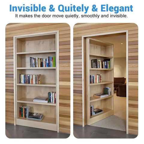 Bookshelf door open and closed with 2 Piece Stainless Steel Hidden Door Hinge Pivot 570 Lbs Heavy Duty Invisible Door Hardware