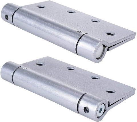 Two stainless steel self-closing door hinges, 4.5x4.5 inches, with mounting holes; heavy-duty spring hinges