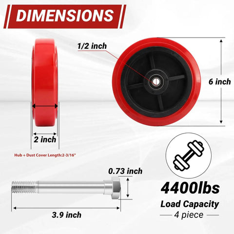Dimensions overview of 8 Inch Polyurethane Caster Wheel With Polyolefin Core, 1100 lb capacity, 1/2 inch bore, dust cover
