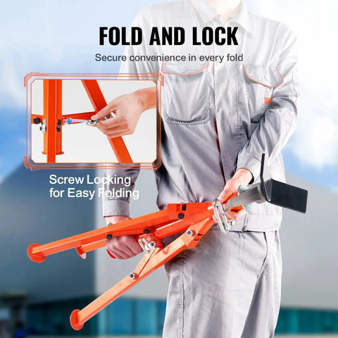 Person holding folded Heavy Duty Pipe Jack Stand 2500 Lbs Adjustable 27 to 52 Inches with orange frame and screw locking mechanism.