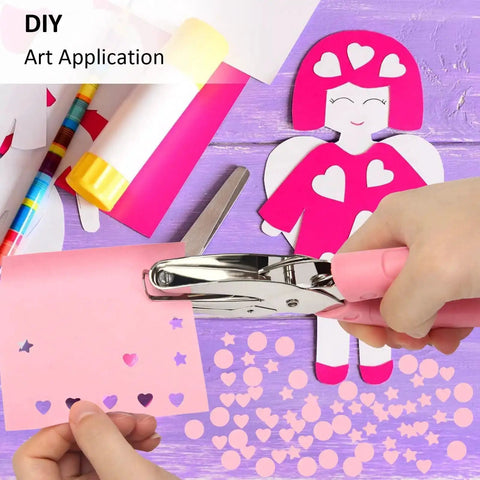 Using 3 Piece Metal Handheld Paper Punch Set With Circle Star Heart Shapes for DIY craft project on colorful paper.