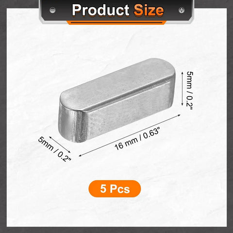Five Pack Round Ended Feather Keys, 5 x 5 x 16mm Carbon Steel Shaft Key Stock in close-up view with size dimensions shown.