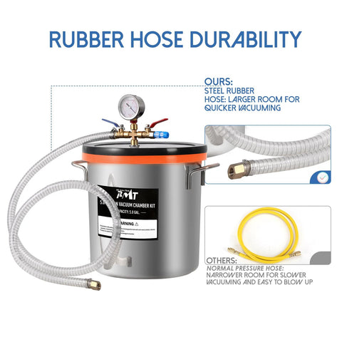 PB Motor Tech 3-Gallon stainless steel vacuum chamber with tempered glass lid, pressure gauge, and hoses.