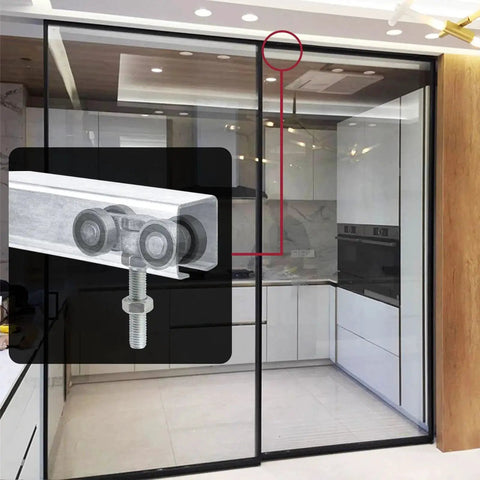 Four Wheel Trolley Assembly For Box Rail Hanger System with Silent Stable Rollers in modern kitchen