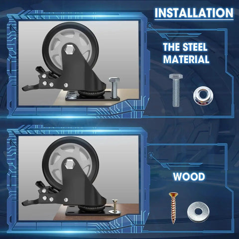 Four 4-inch locking swivel caster wheels with brakes; black steel frame, gray wheels for workbenches, furniture, and carts.