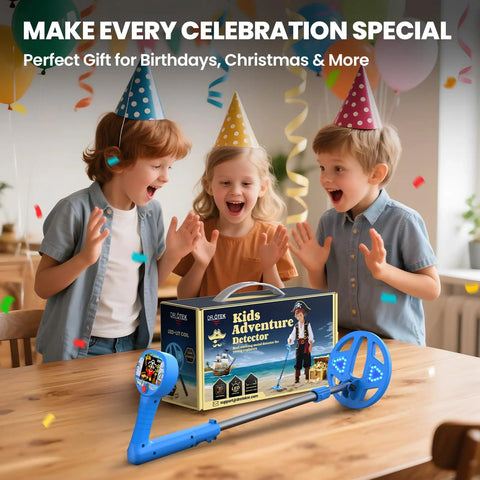Three kids with party hats excitedly open a box containing a Color LCD Screen Kids Metal Detector With LED Lit Coil Adjustable Lightweight Treasure Hunter For Ages 3 To 12 Kid Friendly Safe Rubber Grip STEM Gift For Boys And Girls Blue.
